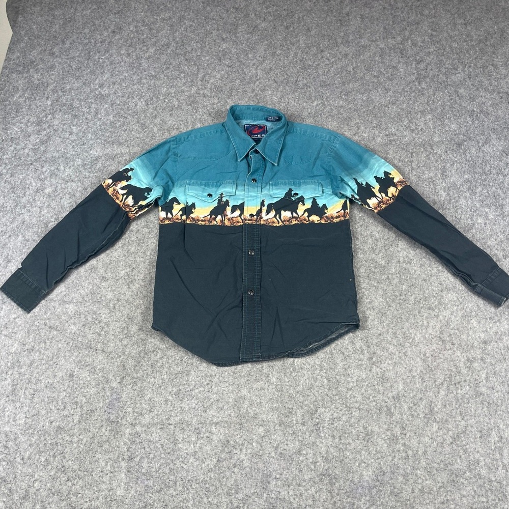 VTG Roper Boys Western Snap Shirt Teal Black Cowboy Horse Sunset Graphic M 8-10